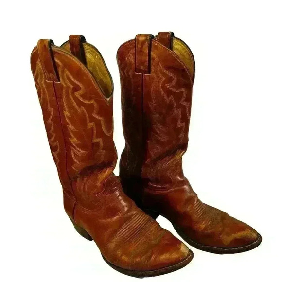 Vintage Justin Style #1967 Western Cowboy Boot Men size 8 Chestnut Leather - Picture 1 of 6
